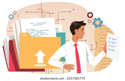 Document database management system. Business man person checking checklist organizing contract, report files archive in digital folder. Information storage technology concept flat vector illustration