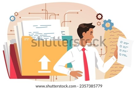 Document database management system. Business man person checking checklist organizing contract, report files archive in digital folder. Information storage technology concept flat vector illustration