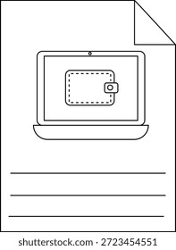 Un documento muestra un portátil con una cartera en su pantalla y líneas en blanco debajo La esquina superior derecha de la página está doblada