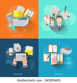 Document design concept set with contract message record flat icons isolated vector illustration