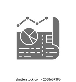 Document with diagrams and pie charts grey icon.
