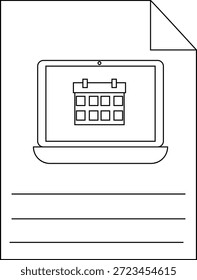 Dokument, das Laptop mit Kalendersymbolzeilen zum Schreiben der eingerollten Seitenecke anzeigt