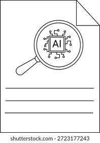 Un documento muestra IA bajo una lupa con líneas para escribir y una esquina doblada