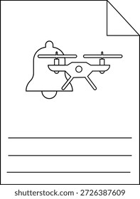 A document displays a drone atop a bell with lines beneath A folded corner is present