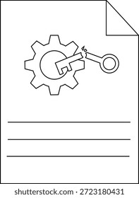 Um documento exibe uma engrenagem com uma tecla quebrada e linhas horizontais abaixo da imagem