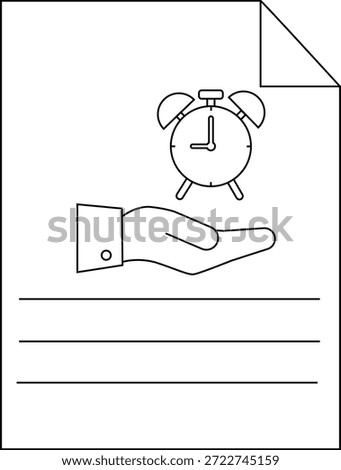 A document displays a hand holding an alarm clock lines for text and a corner fold