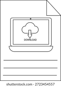 Un documento muestra una pantalla de portátil con un símbolo de nube de Descarga y líneas para escribir
