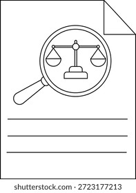 Um documento exibe uma lupa focalizada em uma escala de justiça posicionada acima de linhas em branco