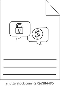 Ein Dokument zeigt ein geöffnetes Vorhängeschloss an, in dem ein Dollarsymbol-Chat über einen ausgefüllten Text mit gefalteter oberer rechter Ecke platziert wird
