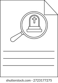 Un documento muestra una lápida bajo una lupa y líneas que sugieren datos o detalles