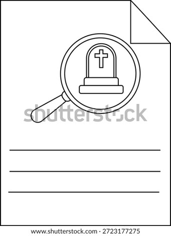 A document displays a tombstone under a magnifying glass and lines suggesting data or details