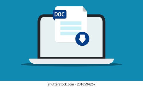 Documento, archivo DOC descargar icono en laptop, computadora. Concepto de descarga de documentos. El archivo con la etiqueta DOC y el signo de flecha abajo representa la descarga. Ilustración vectorial. Fondo azul.