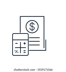 Document, Dollar, Calculator. The Concept Of Paying Taxes, Invoices, Budget. Vector Icon Isolated On White Background.