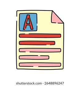 O estilo Doodle do documento A, folha de papel com A grande que indica as funções de redação de documento, revisão de texto ou redação de conteúdo, perfeito para projetos editoriais.