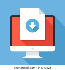 Document download button on computer screen. Document icon and desktop PC. Downloading files concepts, graphic elements for web banners, web sites, infographics. Modern flat design vector illustration