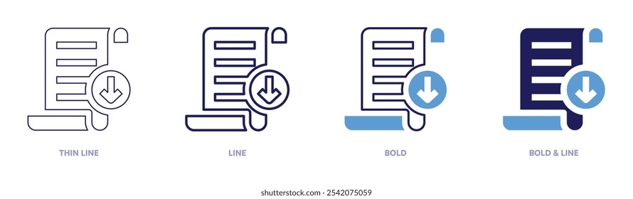 Icono de Descarga de documentos en 4 estilos diferentes. Línea delgada, línea, negrita y línea negrita. Estilo duotono. Trazo editable.