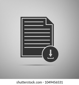 Document with download sign icon isolated on grey background. File document symbol. Flat design. Vector Illustration