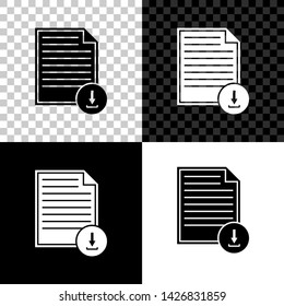 Document with download sign icon isolated on black, white and transparent background. File document symbol. Vector Illustration