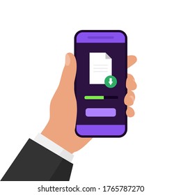 Document downloading application. Hand holds smartphone with download file manager. Vector illustration.