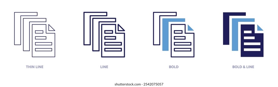 Icono de duplicación de documentos en 4 estilos diferentes. Línea delgada, línea, negrita y línea negrita. Estilo duotono. Trazo editable.