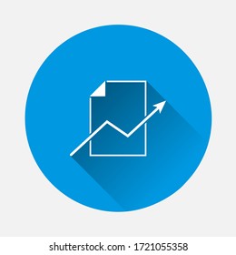 Document economic growth and arrow icon on blue background. Flat image with long shadow.