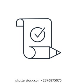 Document edit with a check mark. Approval , document accredited, authorized agreement. Vector linear icon illustration isolated on white background.