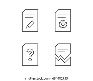 Document, Edit and Corrupt file line icons. Document Management, Question mark and Service signs. Quality design elements. Editable stroke. Vector