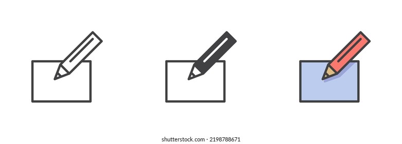 Icono de edición de documentos. Línea, glifo y contorno relleno versión colorida, contorno y signo vectorial relleno. Símbolo, ilustración del logotipo. Conjunto de iconos de estilo diferente. Gráficos vectoriales