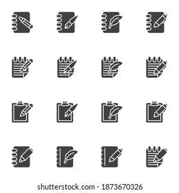 Document edit vector icons set, modern solid symbol collection, filled style pictogram pack. Signs, logo illustration. Set includes icons as notepad paper, clipboard and pen, writing document