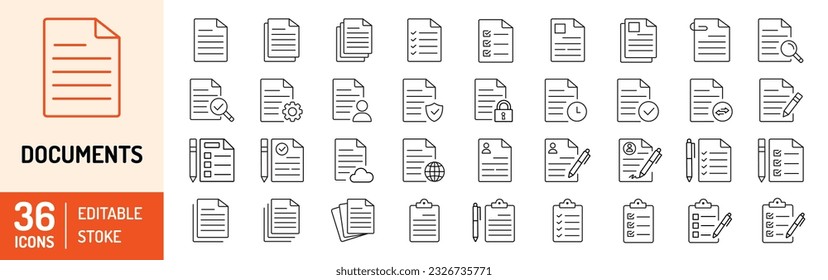 Conjunto de iconos de la función de ajuste editable del documento. Documento de papel, papel plegado e icono del vector de documento de esquema. Ilustración vectorial.