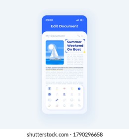 Document editing smartphone interface vector template. Mobile app page light theme design layout. Flat UI for docs viewing application. Reports and books reading screen. Phone display