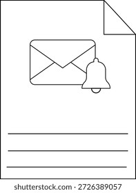 Un documento con una campana de notificación de correo electrónico y una esquina doblada es visible Tres líneas sugieren texto