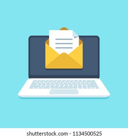 Document email on notebook. Mail letter with documents for signing document office marketing on computer message screen business mailing. Inbox notification electronic newsletter vector illustration