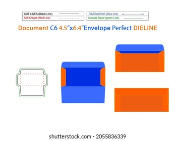 Document envelope C6 4.5x6.4 inche dieline template and 3D envelope editable easily resizable