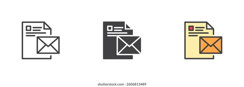 Document with envelope different style icon set. Line, glyph and filled outline colorful version, outline and filled vector sign. Email, digital communication, correspondence symbol, logo illustration