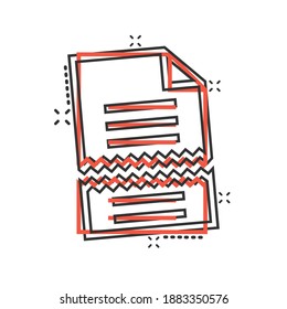 Symbol für Dokumentfehler im Comic-Stil. Zerbrochene Berichtskarikatur, Vektorgrafik auf weißem, isoliertem Hintergrund. Beschädigtes Splash-Effekt-Business-Konzept.