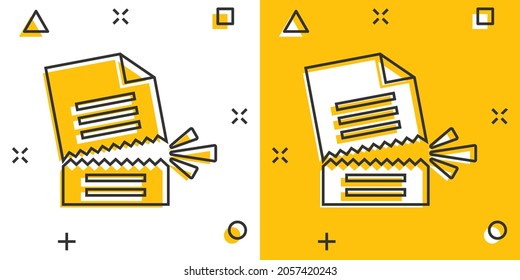 Document error icon in comic style. Broken report cartoon vector illustration on white isolated background. Damaged splash effect business concept.