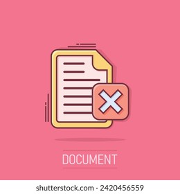 Document error icon in comic style. Broken report cartoon vector illustration on isolated background. Damaged splash effect business concept.
