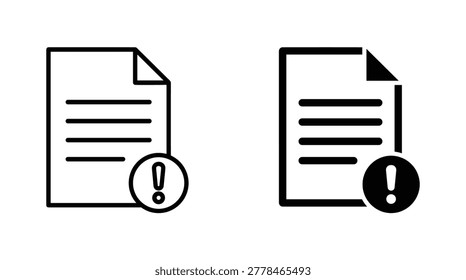 Document error status icon collection, minimalist black monochrome symbols, data issues, invalid files, notifications, and warnings.