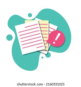 Document error warning. Text file and notification, flat design, exclamation mark on document.