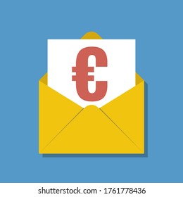 Dokument mit Euro-Symbol in geöffnetem gelbem Briefumschlag, flache Vektorgrafik