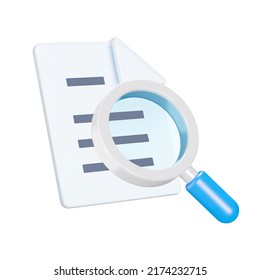 Document examination 3d icon. Magnifying glass and a sheet of text. Isolated object on a transparent background