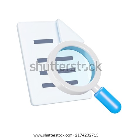 Document examination 3d icon. Magnifying glass and a sheet of text. Isolated object on a transparent background