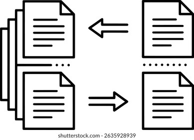 Document exchange process diagram with arrows and paper stacks	