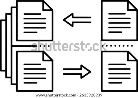 Document exchange process diagram with arrows and paper stacks	