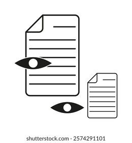 Document with eye. File visibility icon. Privacy check symbol. Black outlined graphic.