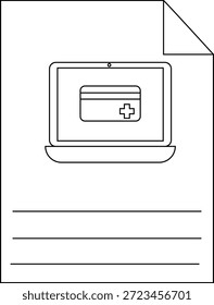 A document features a laptop displaying a medical credit card icon with lines for filling in data