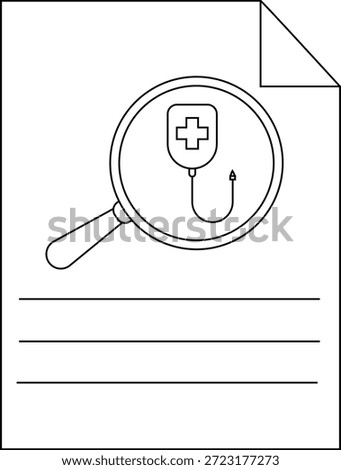 A document features a magnifier highlighting a medical drip symbol with lines below indicating content details