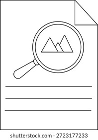 A document features a magnifying glass focusing on a mountain range