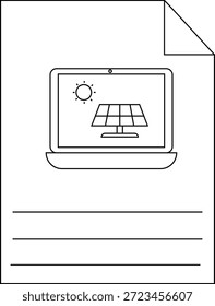 Document featuring a laptop displaying a sun and solar panel design with blank writing lines
